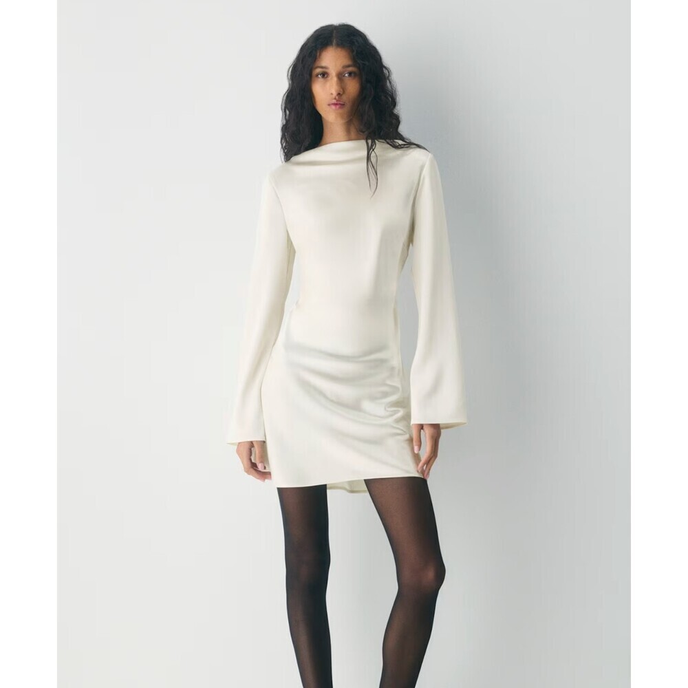 Aritzia TEN Choreo Satin Mini Dress in Light Birch Size XL Long Sleeve Bridal